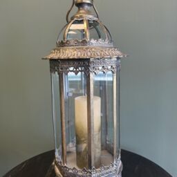 Tall Bronze Metal Lantern With Filigree Crown - Decorative Glass Candle Holder For Fireplace Or Hallway Styling - thumbnail 2
