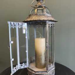 Tall Bronze Metal Lantern With Filigree Crown - Decorative Glass Candle Holder For Fireplace Or Hallway Styling - thumbnail 3