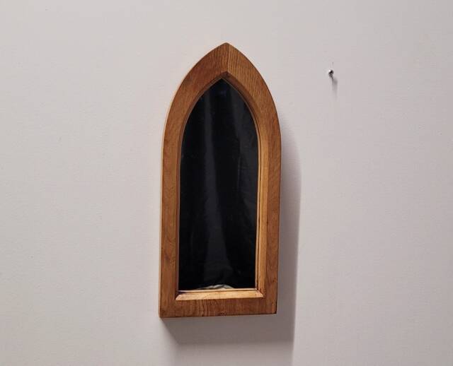 Unusual Gothic Arch Solid Wooden English Oak Wall Mirror 47 cm Long Hand Made - image 1