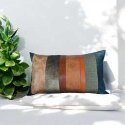 Mid Century Lumbar Pillow Cover - Faux Leather & Cotton, Waste-Free Design - thumbnail 3