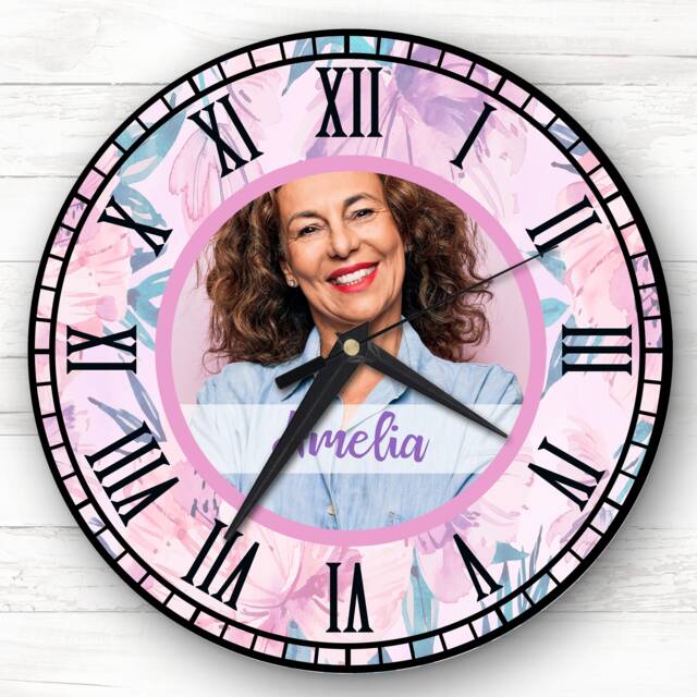 Flower Pink Lilac Photo Name Personalised Gift Clock - image 1