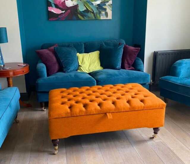 Plush Velvet Storage Ottoman Box With Mahogany Castor Legs Tufted Coffee Table, Footstool Seating - image 1