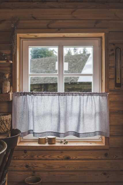 Grey Linen Caf?? Curtain With Black Stripes - Farmhouse Kitchen Curtain, Rod Pocket French Country, Rustic Window Treatment - image 1