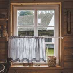 Grey Linen Caf?? Curtain With Black Stripes - Farmhouse Kitchen Curtain, Rod Pocket French Country, Rustic Window Treatment - thumbnail 3