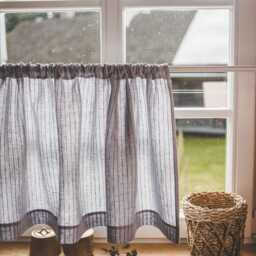 Grey Linen Caf?? Curtain With Black Stripes - Farmhouse Kitchen Curtain, Rod Pocket French Country, Rustic Window Treatment - thumbnail 2