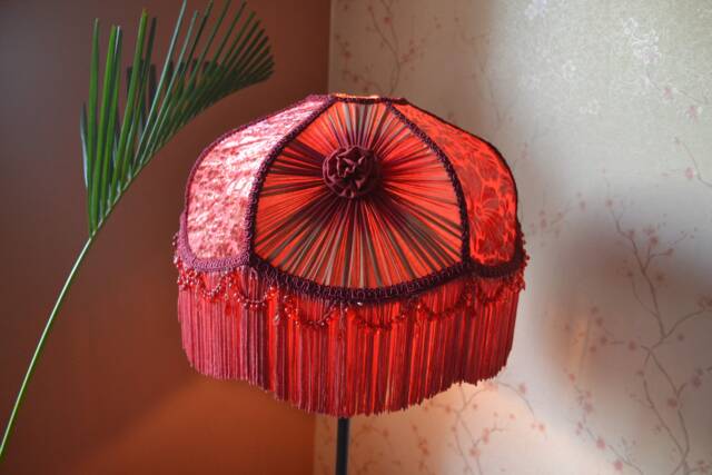 Wine Brown Victorian Lampshade Scalloped Velvet Dome With Rayon Fringe Lamp Shade - image 1