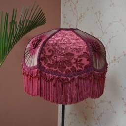 Wine Brown Victorian Lampshade Scalloped Velvet Dome With Rayon Fringe Lamp Shade - thumbnail 3