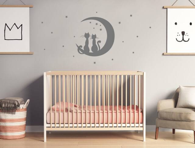 Cat Wall Decals, Moon & Stars Stickers, Nursery Decor, Cat Art - image 1