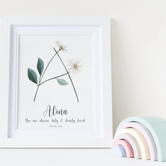 Bible Verse Monogram Floral Name Print, Christian Letter Nursery Verse Baby Wall Art, New Baby Gift, Christening Gift