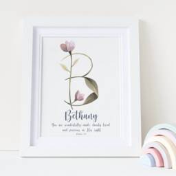 Bible Verse Monogram Floral Name Print, Christian Letter Nursery Verse Baby Wall Art, New Baby Gift, Christening Gift - thumbnail 2