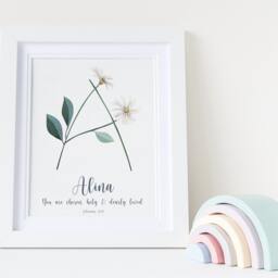 Bible Verse Monogram Floral Name Print, Christian Letter Nursery Verse Baby Wall Art, New Baby Gift, Christening Gift - thumbnail 1