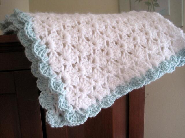 Crochet Baby Blanket White Acrylic With Pale Green Ruffle - image 1