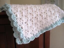 Crochet Baby Blanket White Acrylic With Pale Green Ruffle