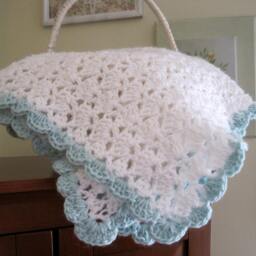 Crochet Baby Blanket White Acrylic With Pale Green Ruffle - thumbnail 3
