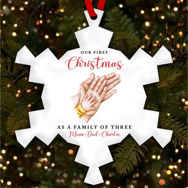 Our First As 3 Hands Snowflake Personalised Christmas Tree Ornament Decoration