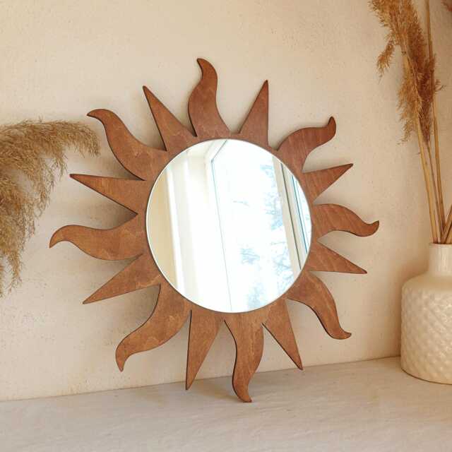 Wooden Sunburst Wall Mirror, Boho Wavy Ray Decor - image 1