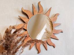 Brown Sun Wall Mirror, Wooden With Small Round Sun Boho Mirror Wavy Rays, Sunburst Decor