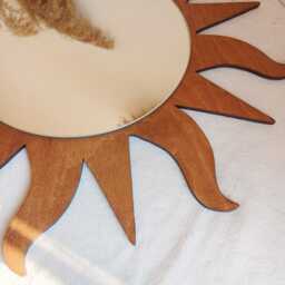 Wooden Sunburst Wall Mirror, Boho Wavy Ray Decor - thumbnail 3