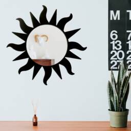 Brown Sun Wall Mirror, Wooden With Small Round Sun Boho Mirror Wavy Rays, Sunburst Decor - thumbnail 3