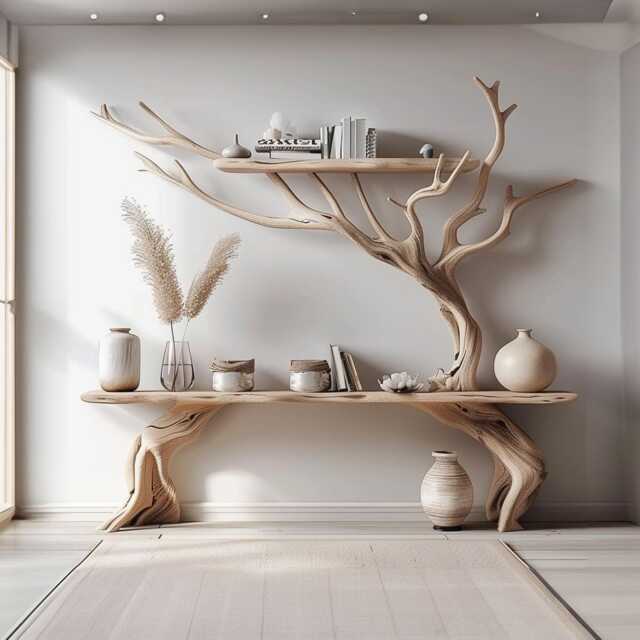 Driftwood Narrow Console Table With Tree Branch Bookshelf Driftwood Reclaimed Wood Entryway Handmade Furniture For Home Decor