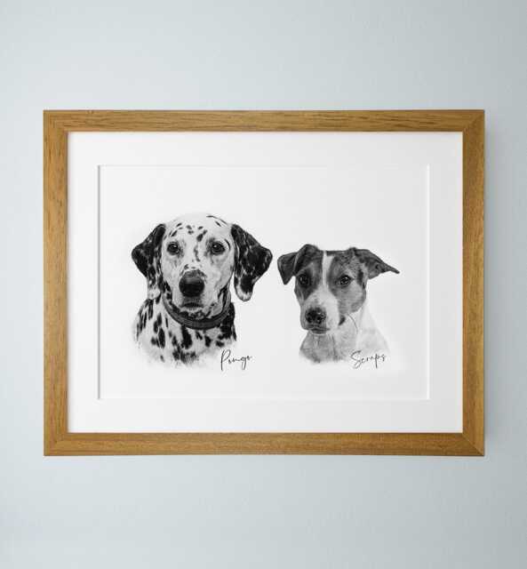 Two Pet Portrait, Framed Dog Sketch, Black & White Pencil Drawing, Personalised Memorial Gift, Custom Portrait - image 1