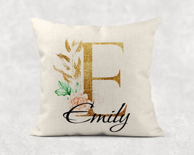 Personalised Initial & Name , Gold Floral Linen Cushion . Girls/Mum/Nan Birthday Gift - image 1