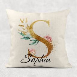 Personalised Initial & Name , Gold Floral Linen Cushion . Girls/Mum/Nan Birthday Gift - thumbnail 4