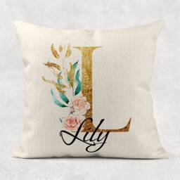Personalised Initial & Name , Gold Floral Linen Cushion . Girls/Mum/Nan Birthday Gift - thumbnail 2