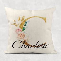 Personalised Initial & Name , Gold Floral Linen Cushion . Girls/Mum/Nan Birthday Gift - thumbnail 3