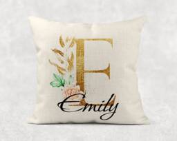 Personalised Initial & Name , Gold Floral Linen Cushion . Girls/Mum/Nan Birthday Gift