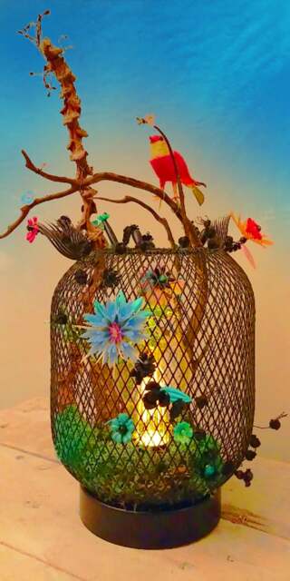 Led Lamp, Birdcage, Vintage Decoration, Raphia, Romantic Gift, Plastic Flowers - image 1