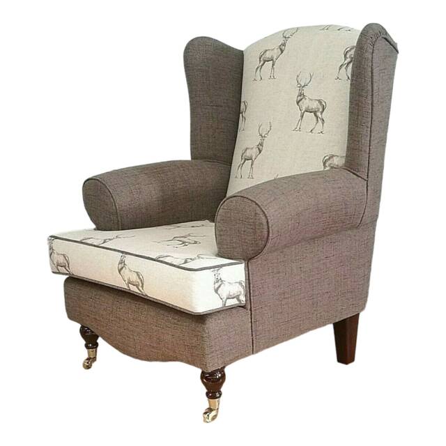 Queen Anne Wingback Chair Stag Print, Brown Fabric, Brass Castor Legs - image 1