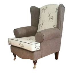 Queen Anne Wingback Chair Stag Print, Brown Fabric, Brass Castor Legs