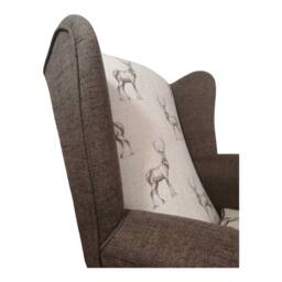 Queen Anne Wingback Chair Stag Print, Brown Fabric, Brass Castor Legs - thumbnail 3