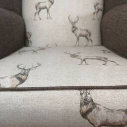 Queen Anne Wingback Chair Stag Print, Brown Fabric, Brass Castor Legs - thumbnail 4