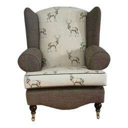 Queen Anne Wingback Chair Stag Print, Brown Fabric, Brass Castor Legs - thumbnail 2