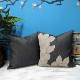 Handmade Linen Leaves Denim Pillow Cover - Shabby Chic 16x16 - thumbnail 3