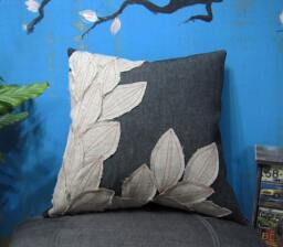 Handmade Linen Leaves Denim Pillow Cover - Shabby Chic 16x16 - thumbnail 1