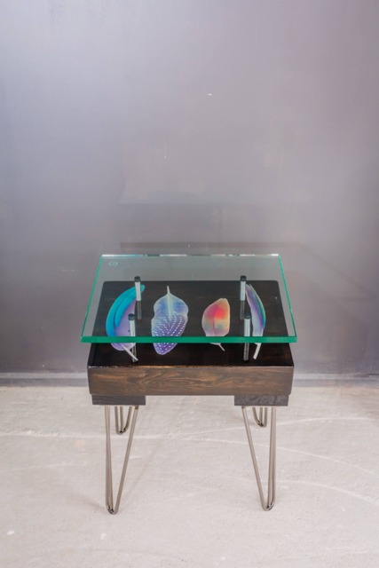 Chunky Square Wood Base Hand Finished Bird Feather Side Table With Glass Top - image 1