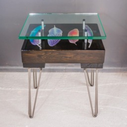 Chunky Square Wood Base Hand Finished Bird Feather Side Table With Glass Top - thumbnail 2