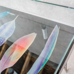 Chunky Square Wood Base Hand Finished Bird Feather Side Table With Glass Top - thumbnail 3
