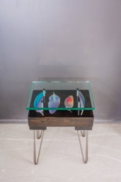 Chunky Square Wood Base Hand Finished Bird Feather Side Table With Glass Top