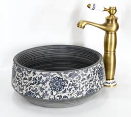Vintage Floral Patterned Basin Sink Handmade Round Bathroom Vessel Blue Grey Porcelain China Cloakroom Ceramic Countertop Vanity Wash Bowl