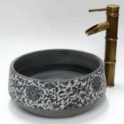 Vintage Floral Patterned Basin Sink Handmade Round Bathroom Vessel Blue Grey Porcelain China Cloakroom Ceramic Countertop Vanity Wash Bowl - thumbnail 4