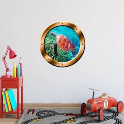 Sea Turtle Wall Art - Coral Reef 3D Porthole Vinyl Decal Nursery Decor Peel & Stick Stickers For Kids - Vwaq Bp31
