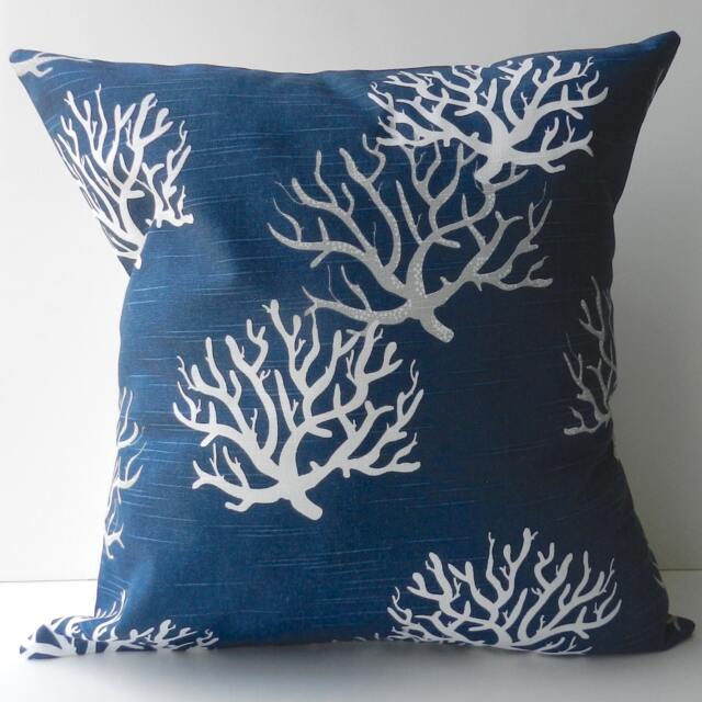 New 18x18 Inch Designer Handmade Pillow Case in White & Grey Coral On Navy