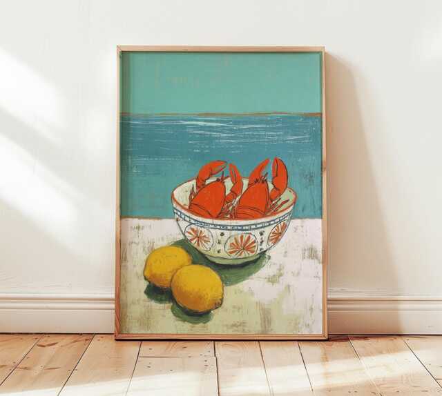 Lobster & Lemon Print, Retro Coastal Wall Art, Vintage Kitchen Poster, Nautical Home Decor, Mid Century Still Life - image 1