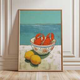 Lobster & Lemon Print, Retro Coastal Wall Art, Vintage Kitchen Poster, Nautical Home Decor, Mid Century Still Life - thumbnail 2