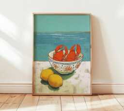 Lobster & Lemon Print, Retro Coastal Wall Art, Vintage Kitchen Poster, Nautical Home Decor, Mid Century Still Life - thumbnail 1