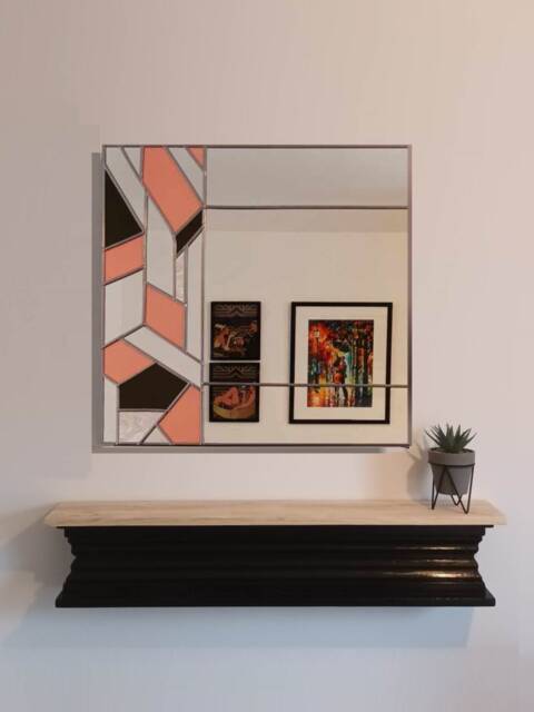 Pink Mirror, Square Stain Glass Geometric Wall Bathroom Mirror - image 1